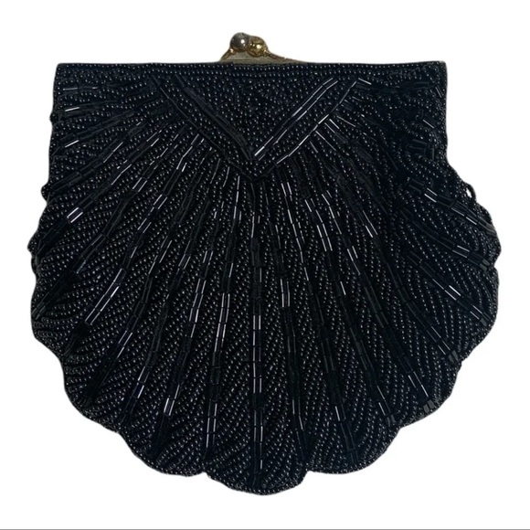 Beaded Purse Vintage Evening Hand Bag Clamshell Black Shell Formal Clutch Retro - Picture 2 of 8